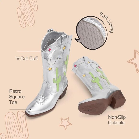 Girls Cowboy Boots Cowgirl Western Boots with Low Heel Square Toe for Little Kid - Picture 4 of 5